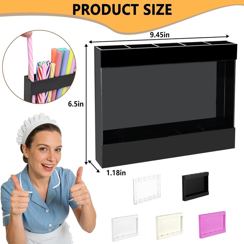 NTIERA 9.5" Large Acrylic Straw Holder for Cabinet Door-Reusable Tumbler Straw Organizer Storage,Small Kitchen Organizers and Storage Accessories Container, Ultra Sticky Cupboard Door Mounted(Black) - Image 2